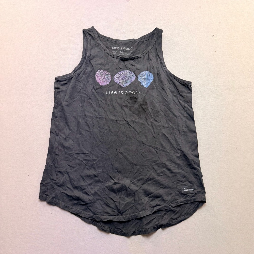Life is Good Tank Top Womens Medium Grey Fair Seashell Crusher-Lite Graphic